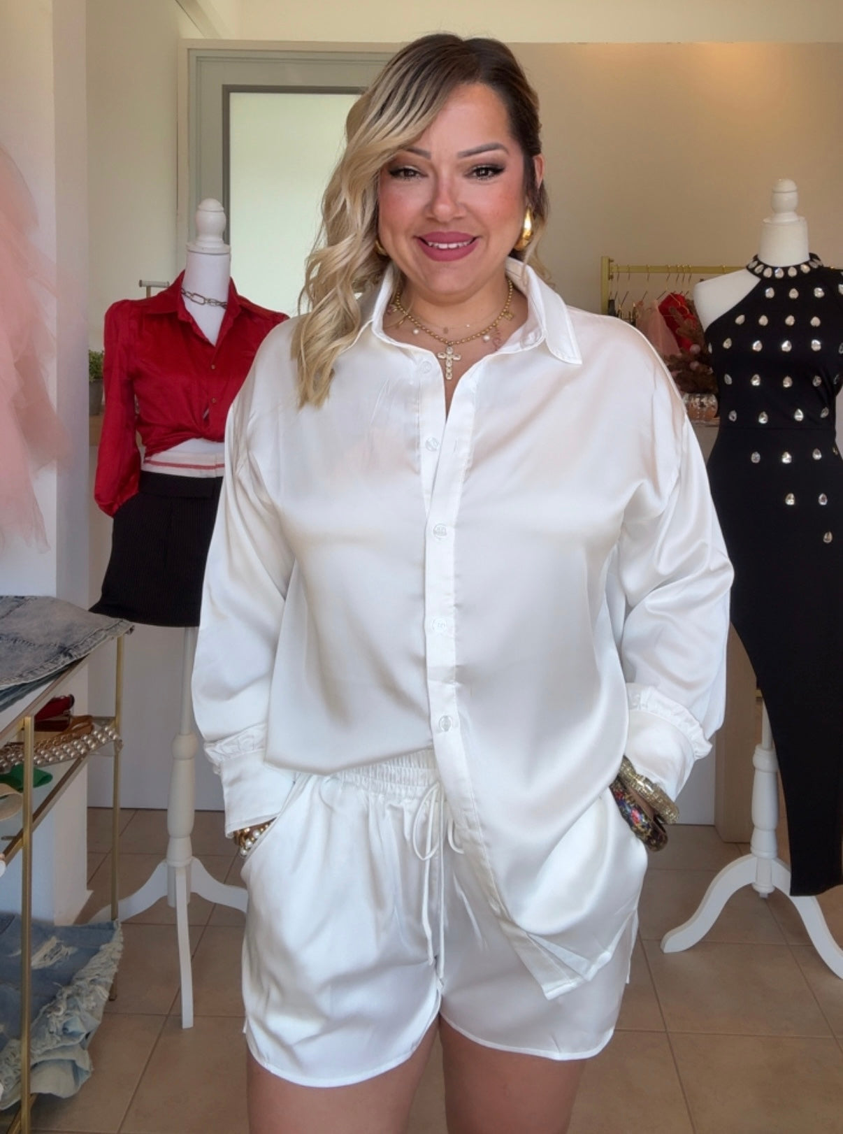 White Satin Shorts Set